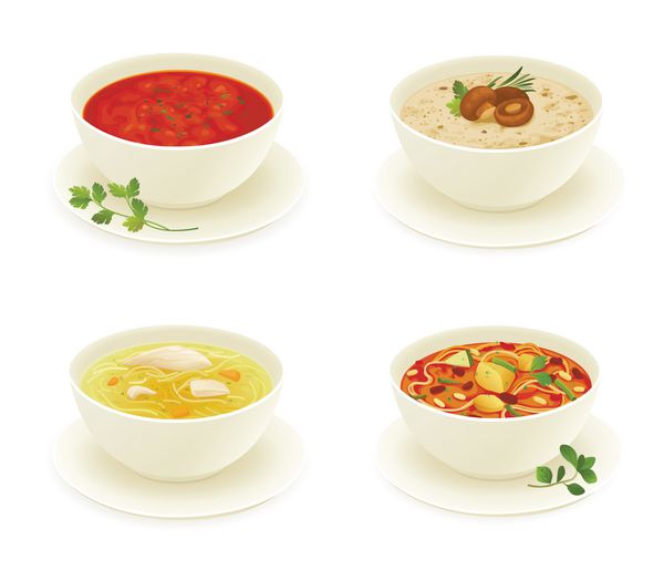 انواع مختلف سوپ جدا شده بر روی وکتور پس زمینه سفید