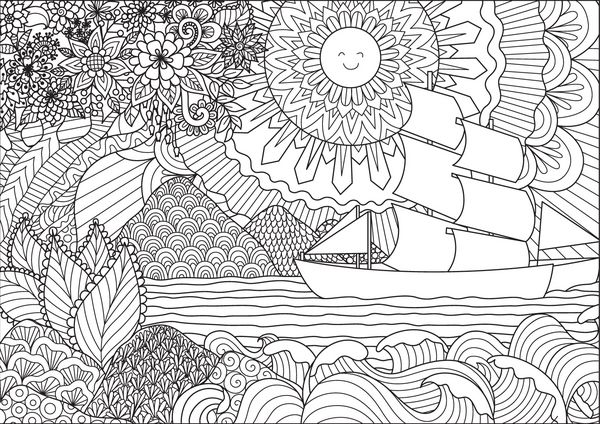 طراحی خط هنری از مناظر دریایی برای صفحه کتاب رنگ آمیزی بزرگسالان یا کودکان تصویر برداری