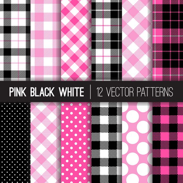 الگوهای بردار صورتی سیاه و سفید Polka Dots Gingham و Tartan Plaid چک های پیراهن فلانل مرسوم مد روز Hipster Lumberjill مجموعه پیش زمینه های صورتی صورتی دخترانه کاشی های کاشی الگوی گنجانده شده است
