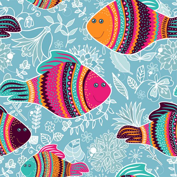 الگوی بدون درز با ماهی های تزئینی زمینه حیوانات رنگارنگ