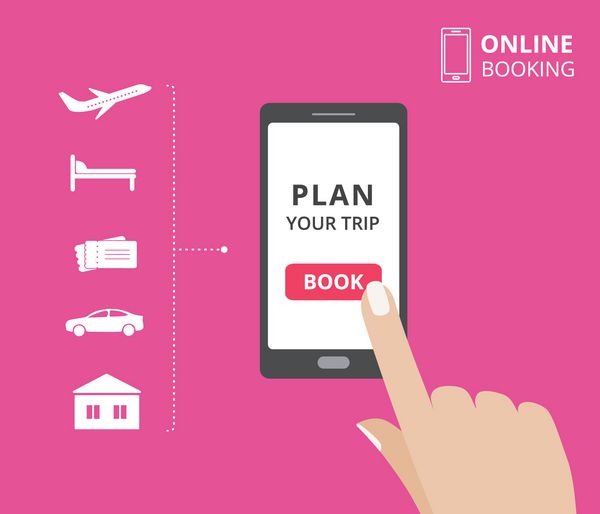 تلفن هوشمند با لمس دکمه کتاب روی دست روی صفحه نمایش عناصر طراحی رزرو آنلاین هتل پرواز ماشین بلیط یک برنامه سفر برای تلفن همراه برنامه ریزی کنید