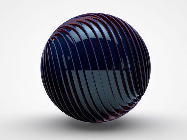 تصویر یک توپ سیاه ساخته شده از بسیاری از دیسک پیچ خورده و کره آبی در مرکز لبه های قرمز بر روی زمینه سفید رندر سه بعدی