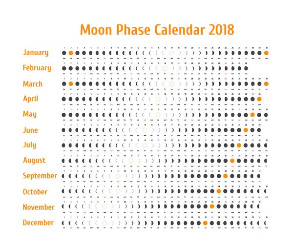 تقویم نجومی وکتور سال 2018 تقویم فاز ماه برای خاکستری تیره در یک زمینه سفید تقویم قمری قمری با تاریخ و روزهای هفته در ایده های پس زمینه سفید برای طراحی خود استفاده کنید