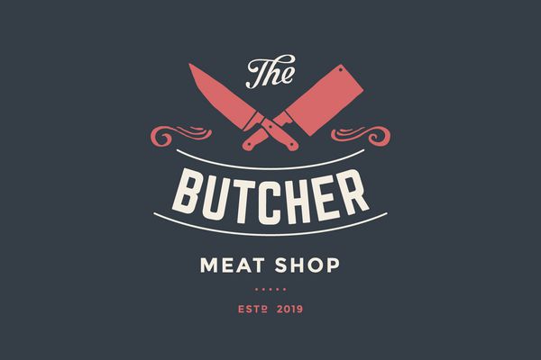 Emblem فروشگاه گوشت قصاب با چاقو Cleaver و Chefs متن فروشگاه گوشت قصاب قالب آرم برای تجارت گوشت فروشگاه بازار رستوران یا طرح بنر برچسب تصویر برداری