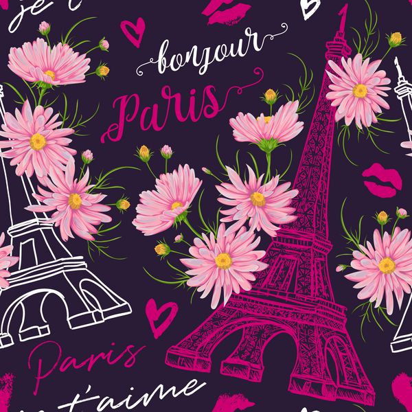پاریس الگوی بدون درز پرنعمت با برج ایفل بوسه ها قلب ها و گل های بابونه صورتی به سبک آبرنگ تصویر برداری دستی یکپارچهسازی با سیستمعامل ترجمه سلام پاریس من تو را دوست دارم