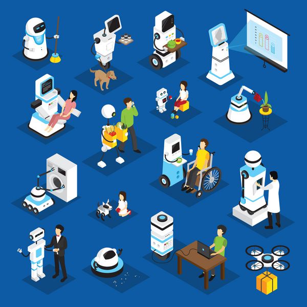 مجموعه ایزومتریک ربات ها با دستگاه برای مشاغل مشاغل خانگی دارو مراقبت از بیمار در زمینه برداری جداگانه پس زمینه آبی