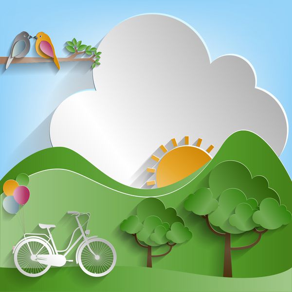 دو پرنده که روی شاخه یک درخت قرار گرفته اند و دوچرخه بادکنک خورشید و علفزار روی زمینه ابر سبک برش کاغذ تصویر برداری