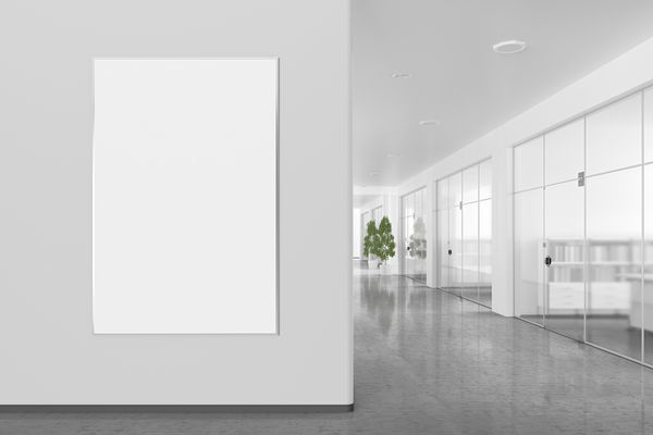پوستر خالی روی دیوار در فضای داخلی دفتر با مسیر قطع در اطراف بنر تصویر سه بعدی