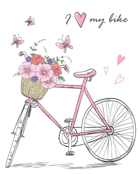 دوچرخه با یک سبد پر از گل در پس زمینه با پروانه ها و کتیبه ها من دوچرخه خود را دوست دارم تصویر برداری