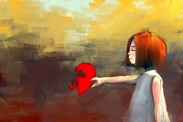 نقاشی دیجیتال دختر جادوگر با قلب پازل قرمز آکریلیک ترسیم شده بر روی بافت بوم تصویر سازی داستان