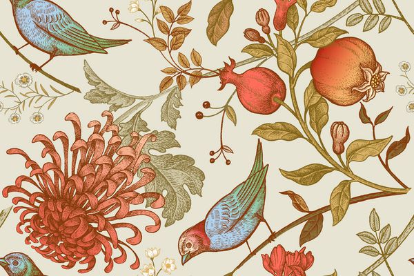 گل های گل داودی ژاپنی انار شاخه ها برگ ها و پرندگان الگوی بدون درز تصویر برای پارچه کاغذ تلفن بسته بندی هدیه پارچه طراحی داخلی جلد