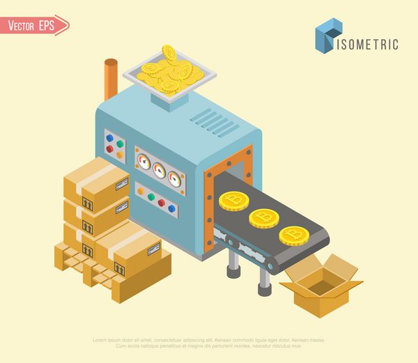 سکه طلایی با نماد بیت کوین در محیط الکترونیکی خط مونتاژ کارخانه خودکار با بازوی روباتیک و نوار نقاله کنترل فرآیند تولید تصویر بردار پوستر ایزومتریک