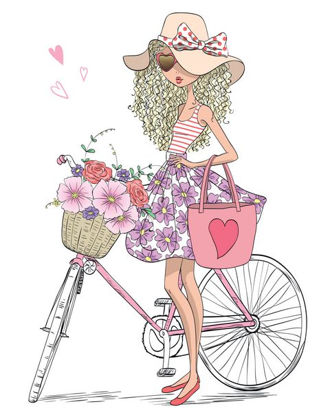 دختر زیبا و ناز کشیده دستی در نزدیکی دوچرخه با یک سبد پر از گل ایستاده است تصویر برداری
