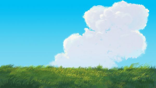 چمنزارهای سبز چمنزار با ابرها و پس زمینه آسمان آبی تصویر نقاشی دیجیتال