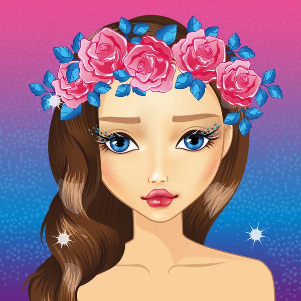 تصویر برداری از دختر ناز آواتار در یک تاج گل رز با آرایش فانتزی