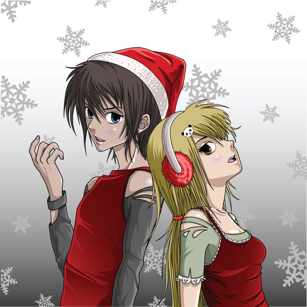 دختر و پسر بامزه سانتا با زمینه برف برفی Anime Style