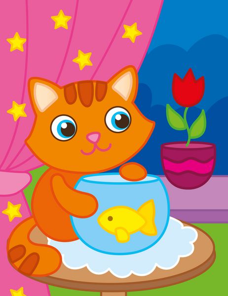 تصویر برداری بچه گربه قرمز با ماهی در یک آکواریوم بازی می شود