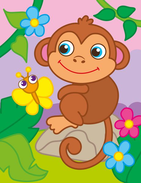 تصویر برداری میمون به همراه پروانه ای در جنگل نشسته است