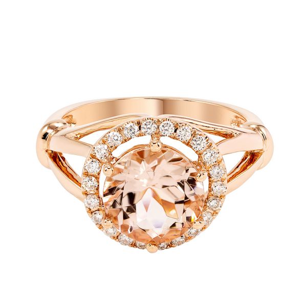 حلقه نامزدی Morganite Gold Rose با الماس بر روی ایزوله سفید