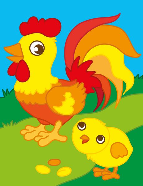 تصویر برداری کارتونی وکتور خروس با مرغ در مزرعه