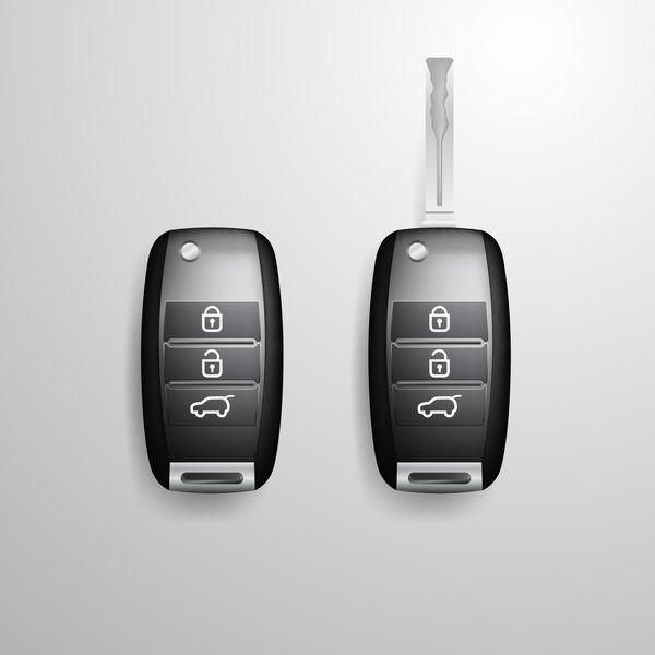کلید اتومبیل و سیستم دزدگیر 3D مدل واقعی تصویر برداری جدا شده در پس زمینه خاکستری