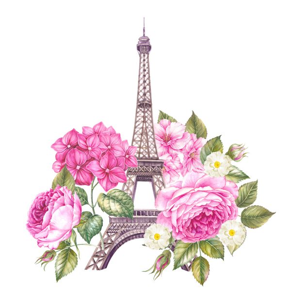 تصویر پاریس تابستانی تصویر آبرنگ گیاه شناسی گلهای شکوفه برج ایفل با ترکیب گل برای کارت دعوت شما نقاشی آبرنگ