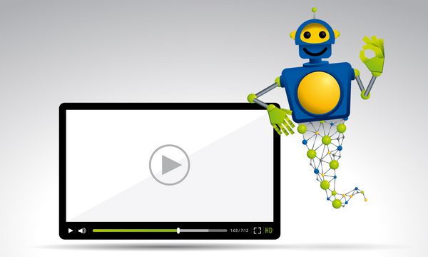 جن و روبات آبی و زرد که در کنار صفحه نمایش ویدیویی با یک دست قرار می گیرند و یک علامت خوب را می زنند تصویر برداری