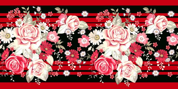 مرز بدون درز با گل رز کم رنگ و گلهای قرمز بر روی زمینه قرمز