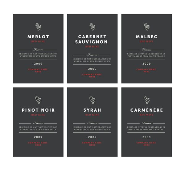 برچسب های قرمز مجموعه قالب وکتور حق بیمه طراحی تمیز و مدرن Pinot Noir Malbec Cabernet Sauvignon Merlot Sirrah Carmenere