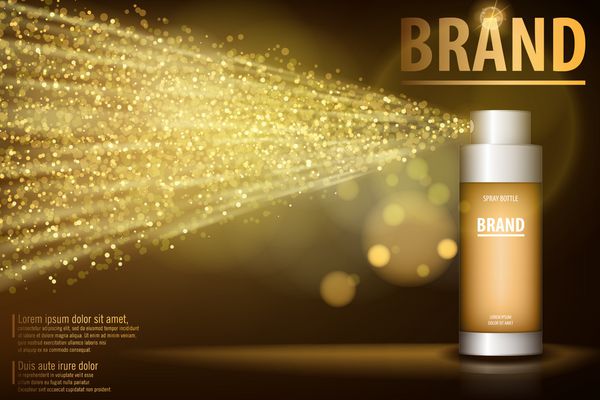 بطری اسپری طلا جدا شده در زمینه سیاه برای طراحی شما تبلیغات برتر آرایشی و بهداشتی واقعی جوهر درمان صورت تونر طلای 3D شفاف موجود است تصویر برداری