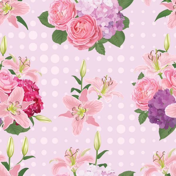 الگوی بدون درز گل ها گل سوسن گل رز و هیدرانسا با نقطه در پس زمینه مجموعه وکتور گلهای شکوفه برای طرح شما زینت برای دعوت عروسی و کارت تبریک