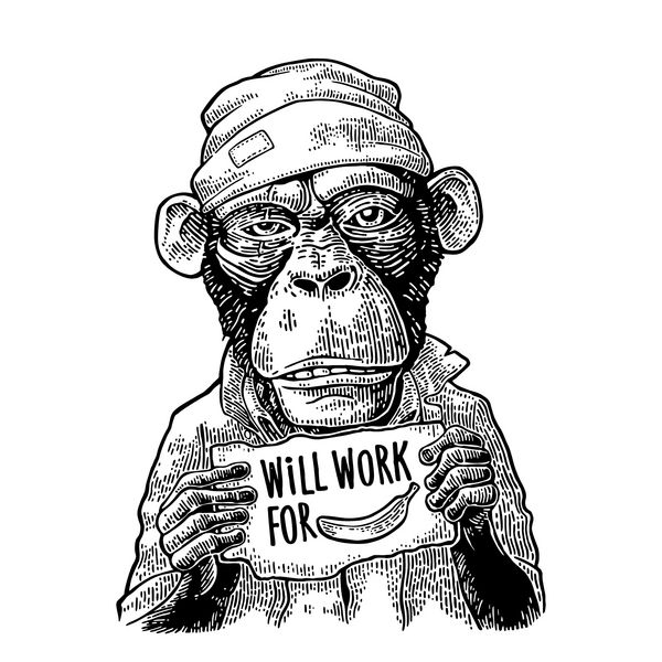 میمون ها که با کلاه و جامه ای پوشیده شده اند و دارای یک میز با حروف می باشند کار می کنند تصویر زمینه حکاکی سیاه برای پوستر و تی شرت