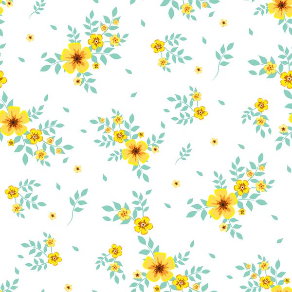 الگوی گل بدون درز پیش زمینه در گل های زرد کوچک با زمینه سفید برای منسوجات پارچه پارچه نخی روکش کاغذ دیواری تمبر بسته بندی هدیه کارت پستال دفترچه