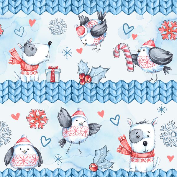 الگوی تبریک بدون درز آبرنگ با پرنده های زیبا سگ ها و مرزهای بافتنی سال نو تصویر جشن کریسمس مبارک می توان در طراحی تعطیلات زمستانی استفاده کرد