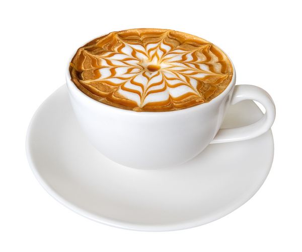 قهوه لاته قهوه کارامل رنگ گل فوم جدا شده در پس زمینه سفید مسیر قطع