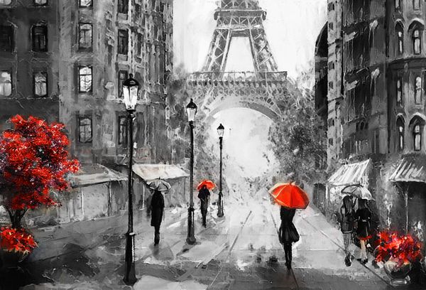 رنگ روغن روی بوم نمای خیابان از پاریس اثر هنری برج ایفل افراد زیر یک چتر قرمز درخت فرانسه