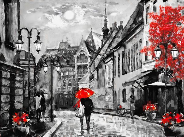 نقاشی روغن در بوم اروپا مجارستان نمای خیابان بوداپست اثر هنری افراد زیر یک چتر قرمز درخت شب و ماه