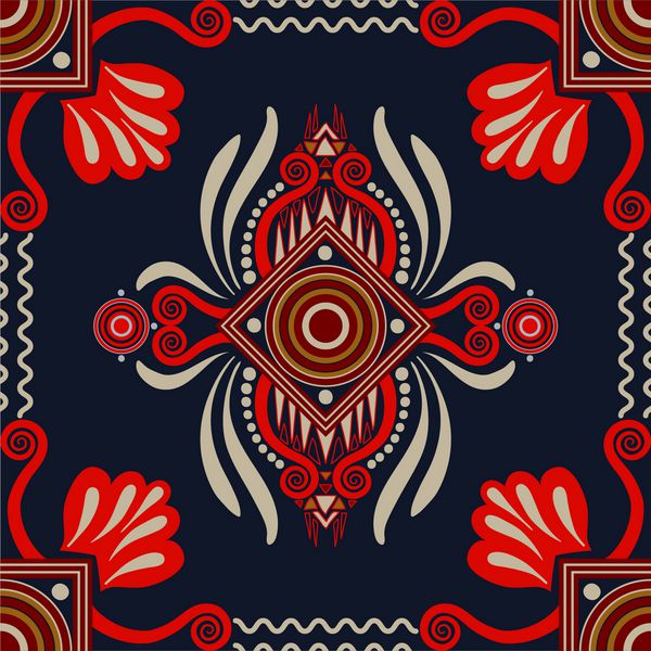 الگوی بدون درز انتزاعی رنگارنگ کاغذ دیواری هندسی آبی و قرمز با عناصر تزئینی الگوی انگیزه قومی
