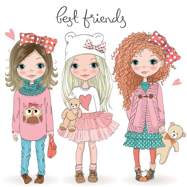 سه دست دختران زیبا و ناز زیبا با خرسهای تدی در پس زمینه با کتیبه بهترین دوستان ترسیم شده است تصویر برداری