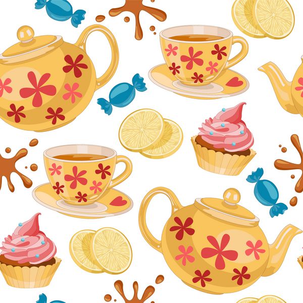 الگوی چای الگوی بدون درز رنگارنگ با عناصر چای برای منو کافه رستوران بار پوستر پارچه کاغذ بسته بندی بنر و سایر طرح ها قابل استفاده است