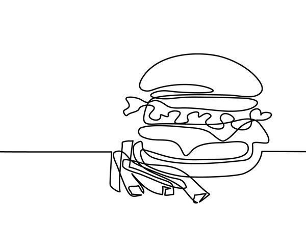 طراحی خط مداوم غذای بزرگ همبرگر با سیب زمینی سرخ شده سیب زمینی سرخ کرده تصویر برداری خط سیاه بر روی زمینه سفید