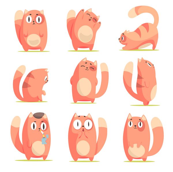 شخصیت گربه کارتونی قرمز زیبا با مجموعه احساسات مختلف مجموعه تصویر برداری