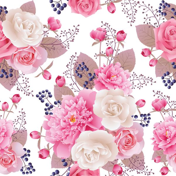الگوی گل بدون درز با گلهای رز سفید صورتی و صورتی زمینه برای صفحات وب دعوت عروسی کارت های تاریخ را ذخیره کنید پس زمینه وکتور گل وکتور EPS 10