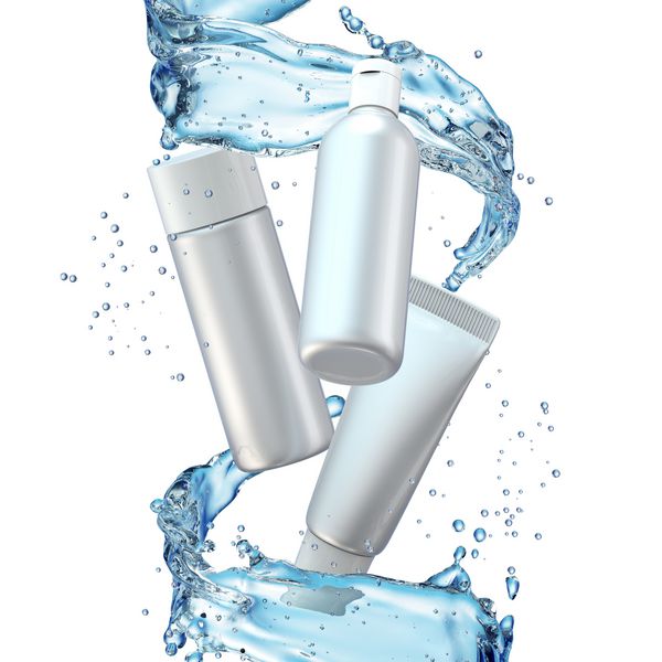 تبلیغات محصول آرایشی و بهداشتی را با استفاده از چشمه آب در پس زمینه آبی طراحی کنید تصویر سه بعدی