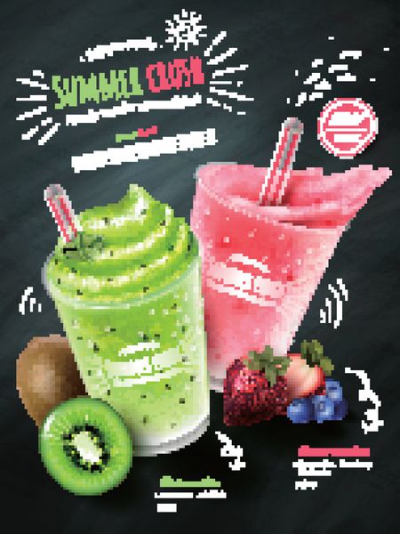 تبلیغات اسموتی میوه کیوی و فنجان اسموتی توت با میوه تازه جدا شده در پس زمینه تخته گچ در تصویر 3D