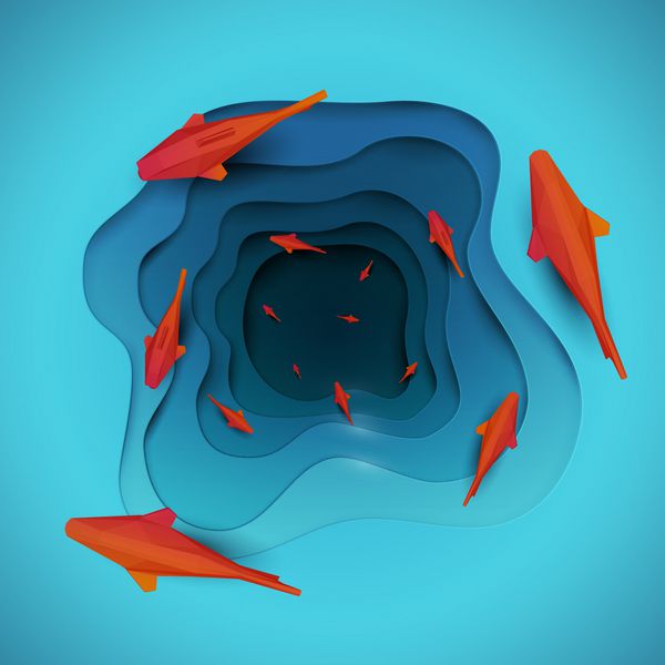 کاغذ ماهی قرمز قرمز کارتونی را بر روی آب به سبک چندروز کاری هنری مرسوم برش می زند طراحی مدرن اریگامی کارت تبریک بنر مفهوم روز محیط زیست جهانی تصویر برداری
