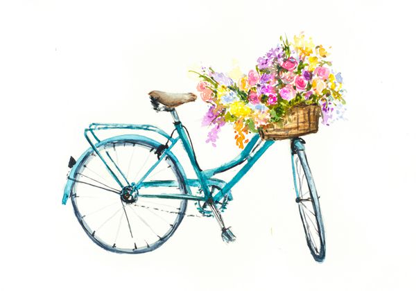 دوچرخه آبی یکپارچهسازی با سیستمعامل با گل های موجود در سبد جدا شده در سفید نقاشی با آبرنگ دوچرخه