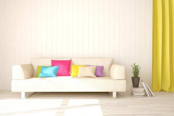 اتاق مدرن سفید با مبل طراحی داخلی اسکاندیناوی تصویر سه بعدی