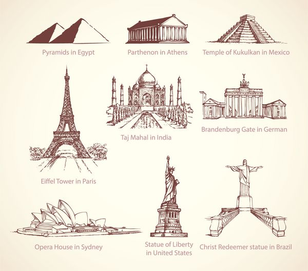 مکان توریستی مشهور جهان از یادمانهای بزرگ تاریخی معروف تاریخی میراث فرهنگی طرح نماد تصویر کشیده شده با جوهر را در نقاشی یکپارچهسازی با سیستمعامل قلم سبک گرافیکی بر روی کاغذ طراحی کنید