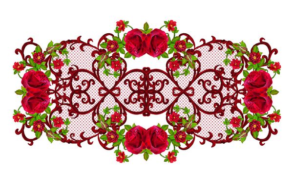 arabesques سبک شرقی توری درخشان گلهای تزیینی ظرافت بافی ظریف گل سرخ از گل رز قرمز مخملی تیره فرهای بافت قرمز عنصر دکوراسیون
